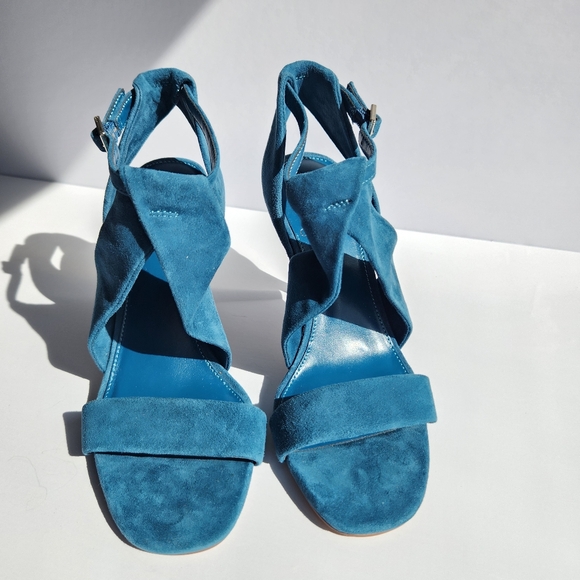NWOT Vince Camuto 6.5M Kalentie Teal Suede Open Toe Sandals 3.5" Stiletto Heel - Picture 3 of 12